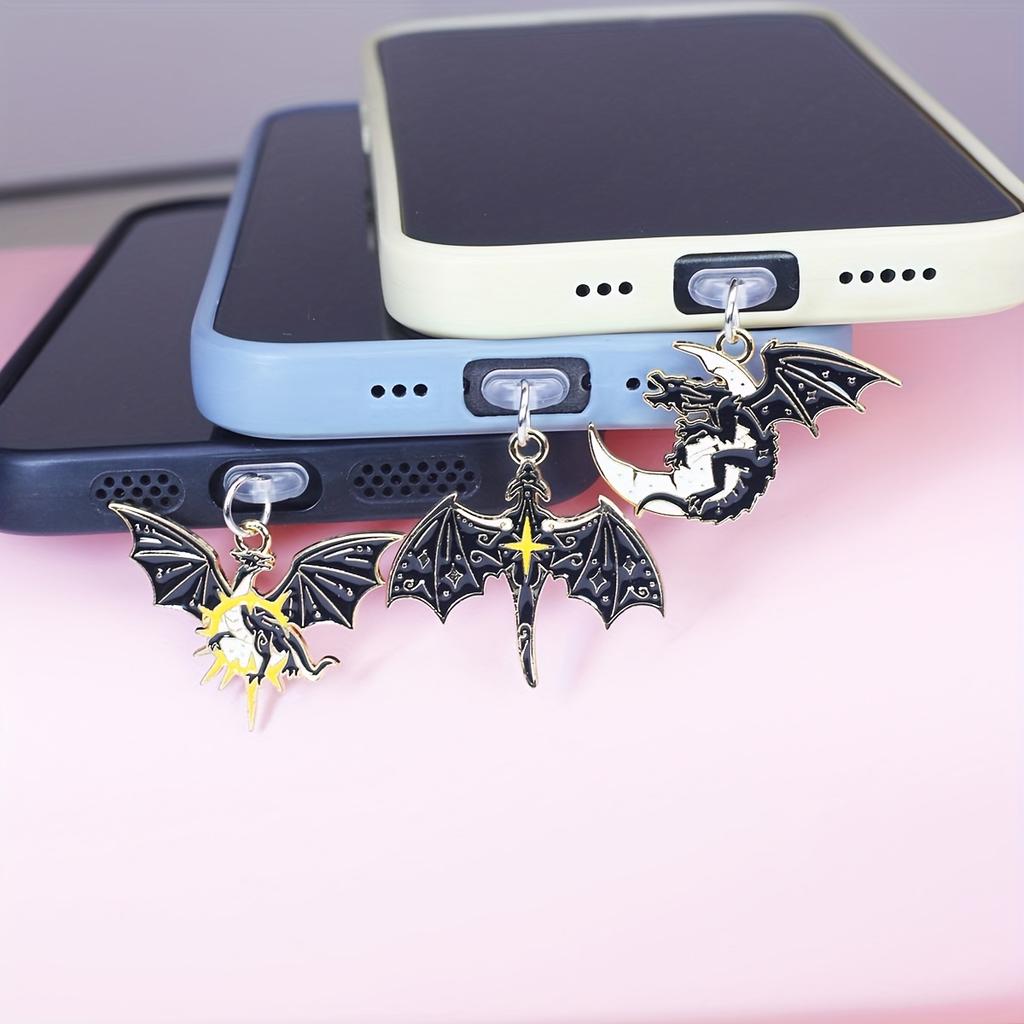 Mobile Phone Dust Plug, Fashionable Black and White Moon, Flying Dragon Bat Wing Pendant Mobile Phone Dragon Series Style, Ideal Best Gift, Halloween