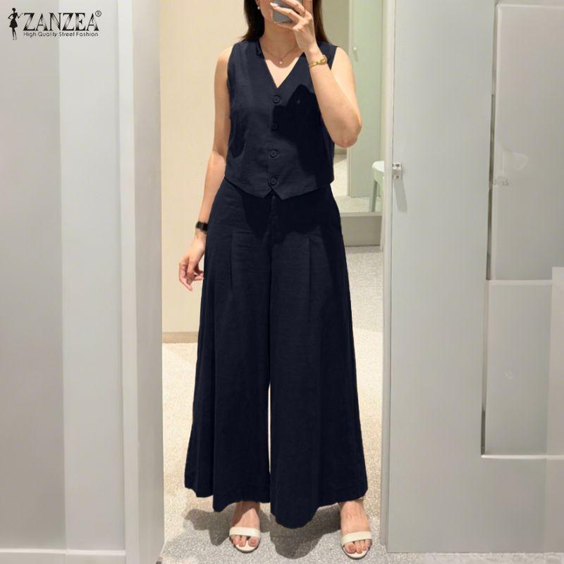 ZANZEA Tops sin mangas y pantalones de pierna ancha para mujer, conjuntos casuales de dos piezas