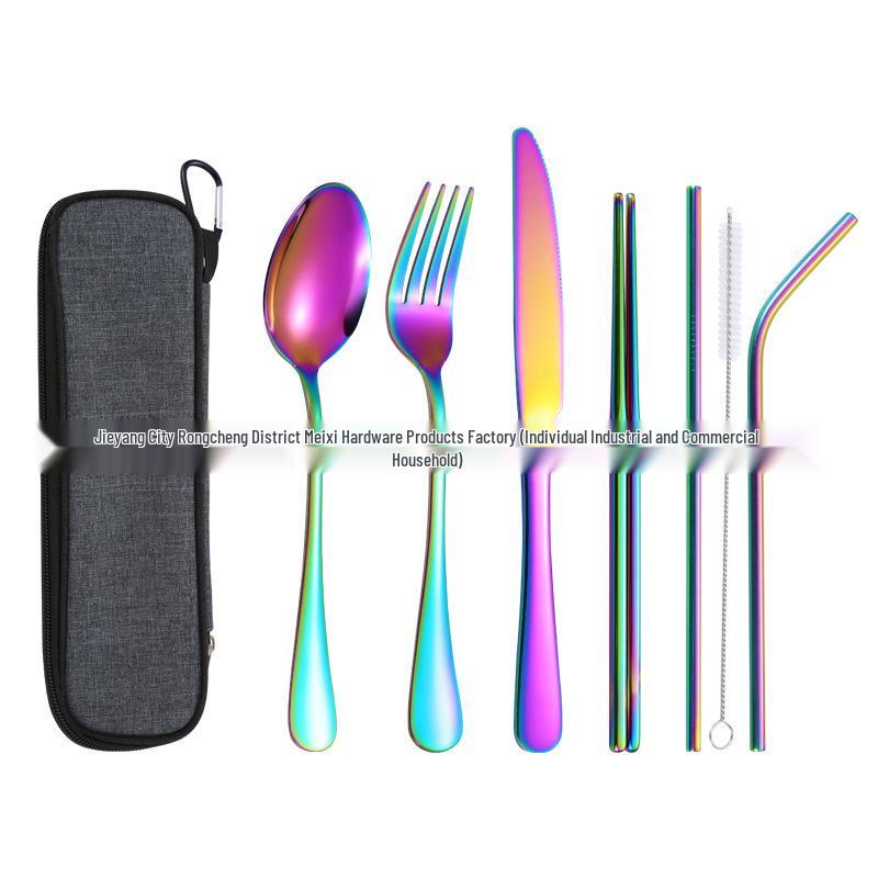 Stainless Steel Outdoor Travel Cutlery Set: Knife, Fork, Spoon, Straw, Chopsticks with Storage Bag