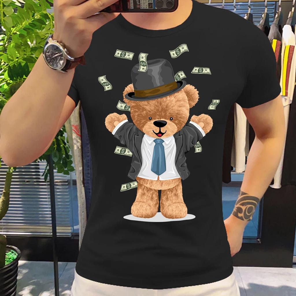Motorcycling Bear Funny Cute Top Camisetas Black Ladies Tshirts Aesthetics Graphic White Short Sleeve 100%Cotton Man's T-shirt