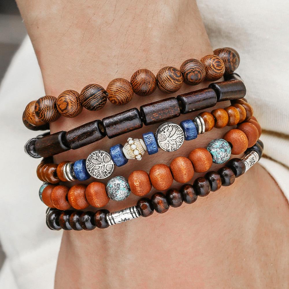 Hot-selling handmade beaded bracelets, men's retro ethnic style multi-layer stacked wooden beads, tree of life bracelet accessories
