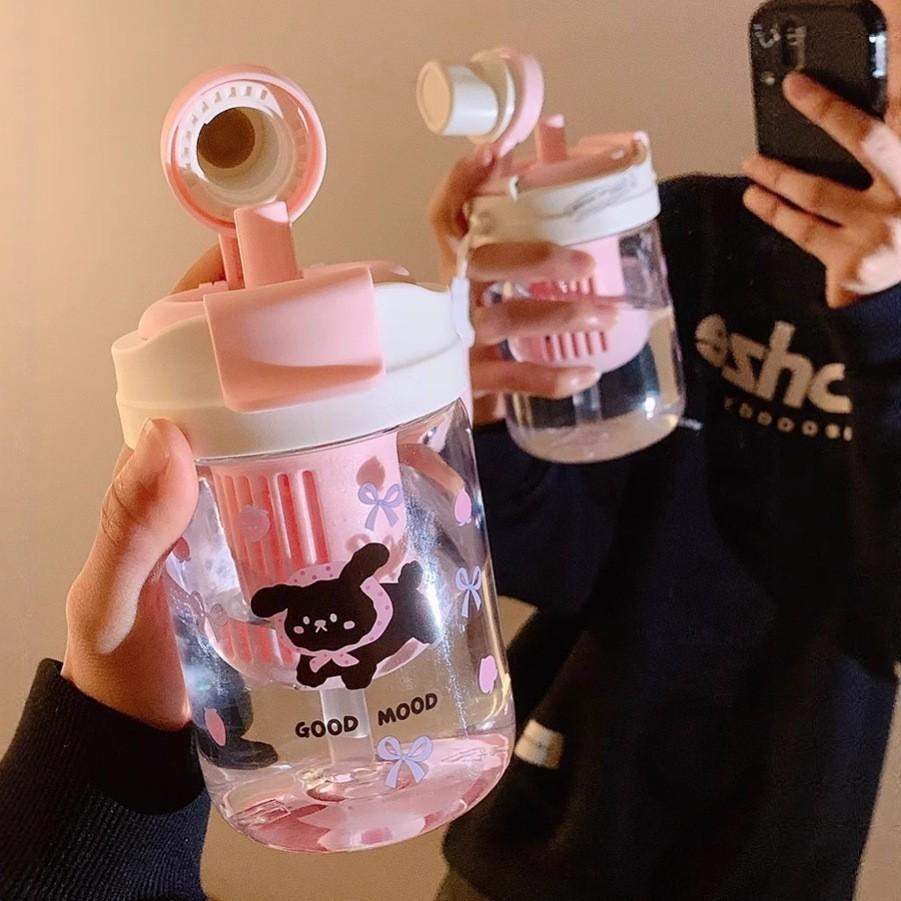 Girls Cartoon Double Drinking Plastic Cup With Rotating Straw For Office And Travel Use