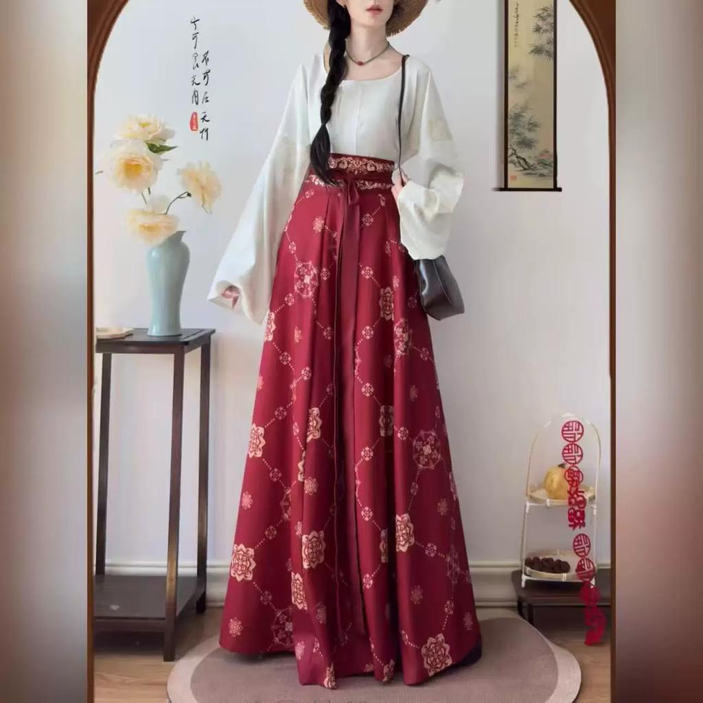 Chinese Tang Dynasty Style Hanfu For Women Printed Crew Neck Shirt Waist One Piece Skirt Daily Commuting Suit