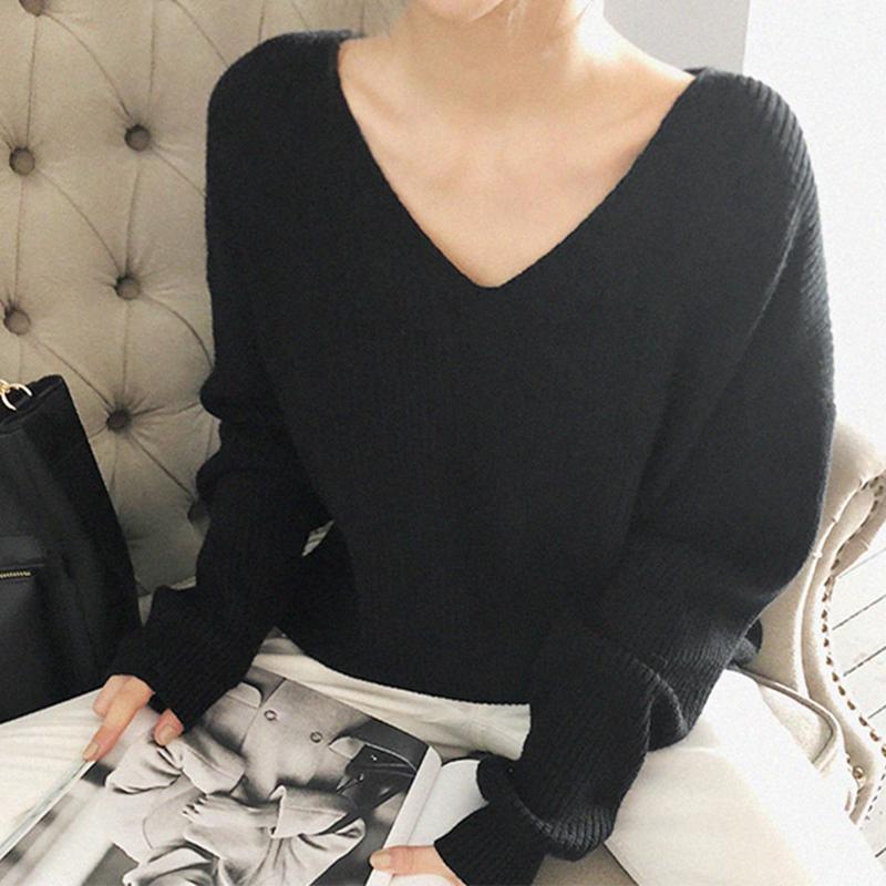 Pulover cu decolteu în V, simplu, cu tiv neregulat Pulover Top tricotat Femei
