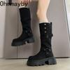 Winter Vintage Platform Thick Sole Woman Knight High Boots Fashion Belt Buckle Shoes Ladies Concise Slip On Modern Long Botas