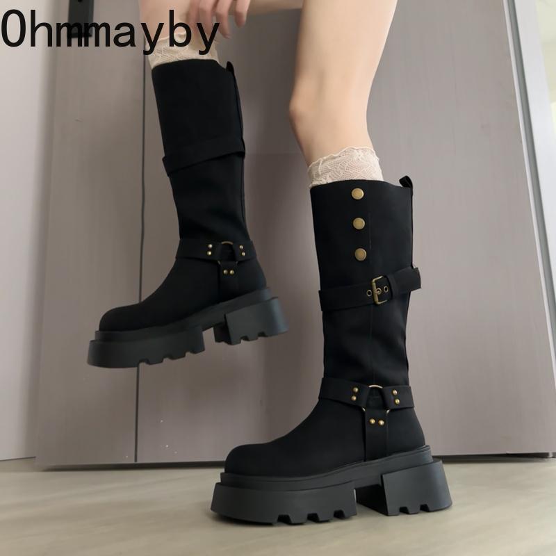 Winter Vintage Platform Thick Sole Woman Knight High Boots Fashion Belt Buckle Shoes Ladies Concise Slip On Modern Long Botas