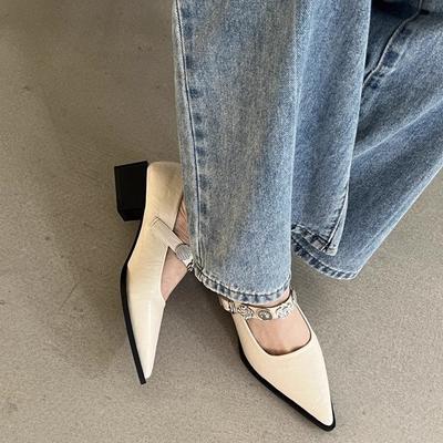 Pointed Temperament Metal Buckle One-word Strap Single Shoes Women's 2025 Spring New Rhinestone French Mary Jane Shoes
