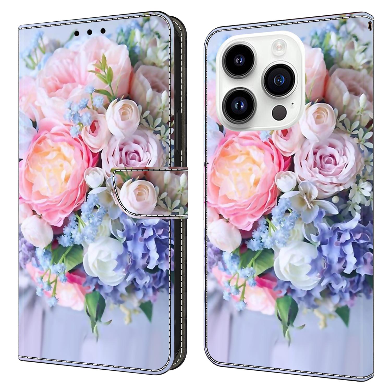 

For iPhone 15 Pro Case 3D Pattern Printing Leather Wallet Phone Case Colorful Flower