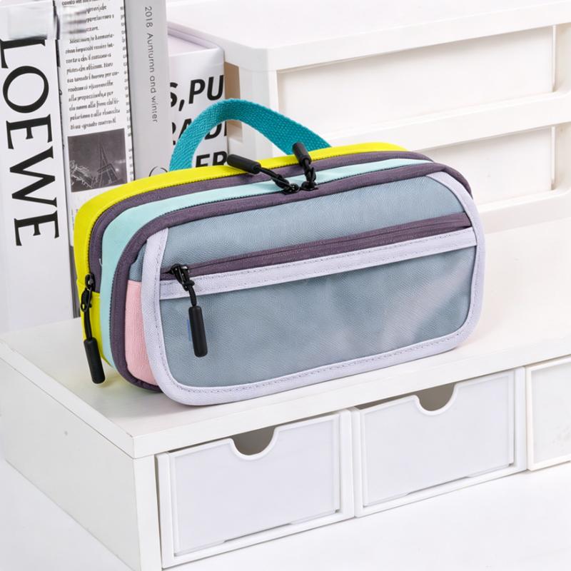 Color Block Multi-compartment Pencil Case, Large Capacity Stationery Bag with Transparent Front Pocket синий