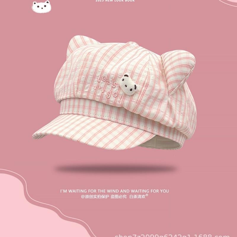 Japanese Cute Bear Plaid Ears Octagonal Hat Female Spring And Summer Thin Y2K Sweet Face Little Beret