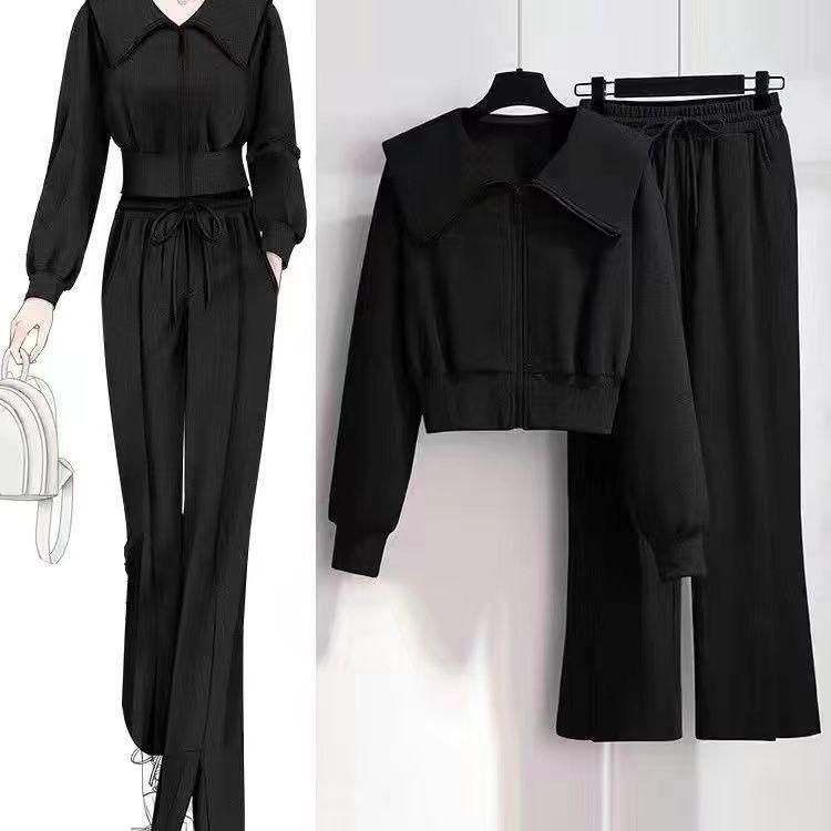 Women's Two-Piece Set: Long-Sleeve Jacket & High-Waist Flared Pants - Casual Sportswear for Spring & Autumn