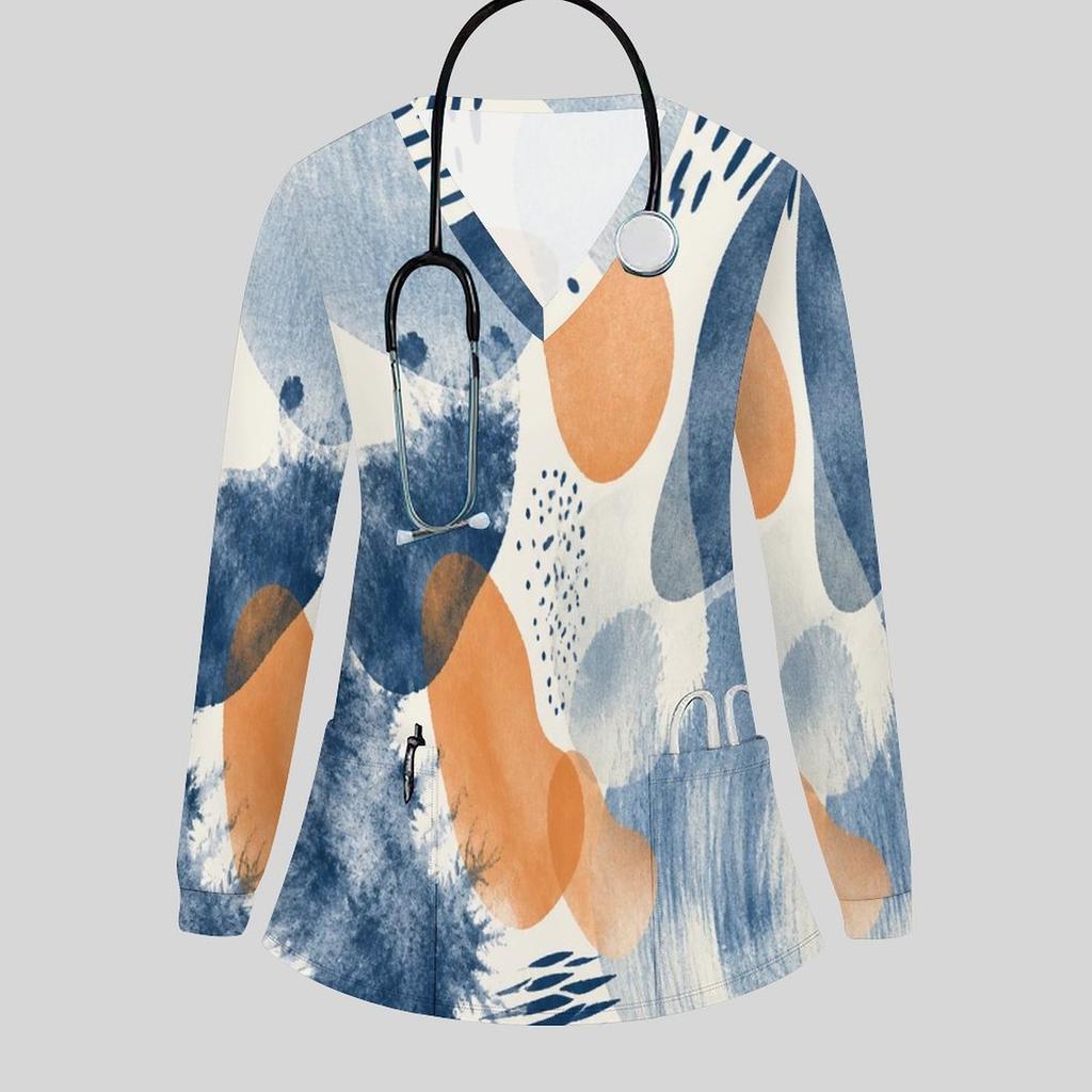 Women Plus Size Floral Leaf Print Scrub Top V Neck Long Sleeve With Front Pockets