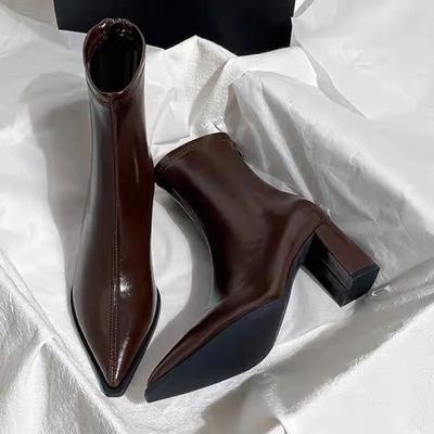Pointed Toe High Heels Women Short Boots Designer Leather Elegant Shoes  Winter New Fashion Ankle Shoes Dress Pumps