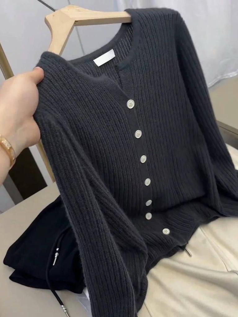 Women's Spring/Summer Wool Knit Cardigan – Half-High Round Neck, Plain Color, Versatile Outerwear Sweater.