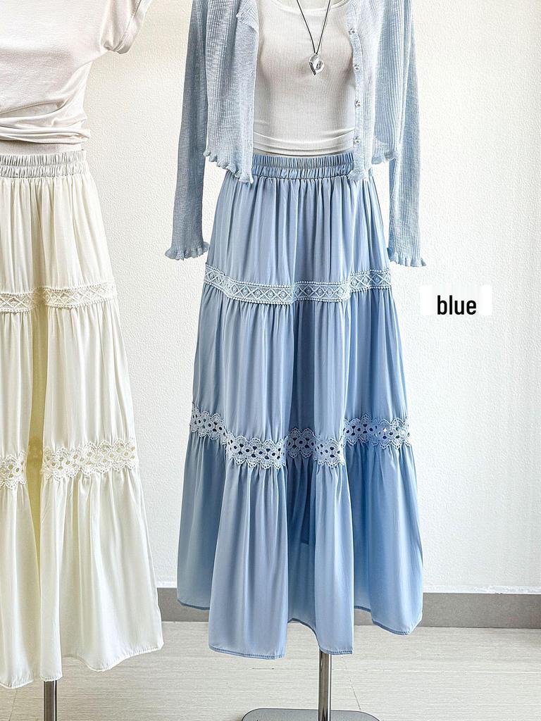 French Retro Chic High-Waist Crochet Embroidery A-line Skirt