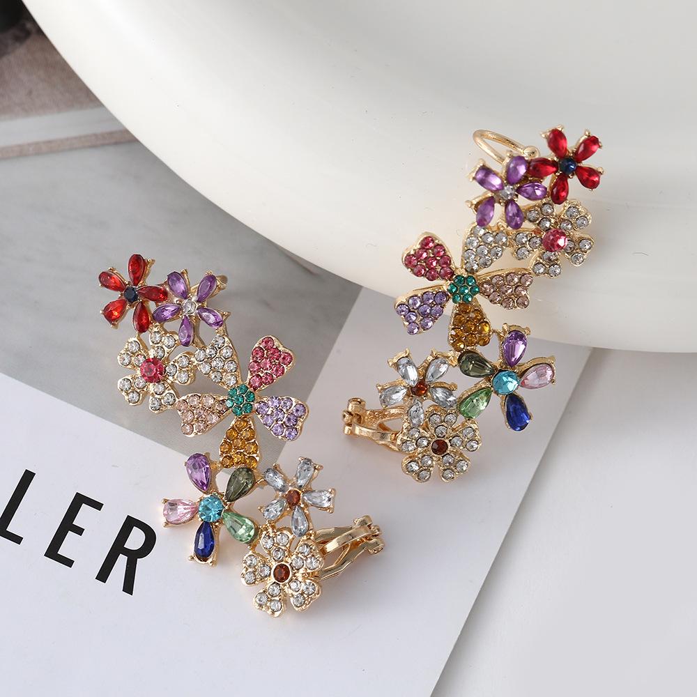 Dopamine Colorful Rhinestone Flower Ear Cuff - High-End Luxury Earrings with Unique Design