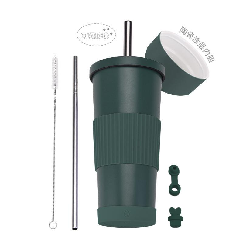 2025710Ml Stainless Steel Straw Cup Female Ceramic Liner Milk Tea Cup Non-Slip Portable Straw Thermos Cup