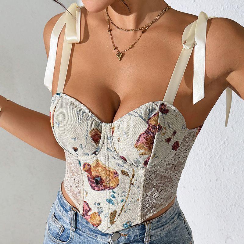 Sense Fishbone Corset Cross-Border European, American and French Style Floral Vintage New Arrival Print Contrast Color Slim-Fit Lace Up Camisole