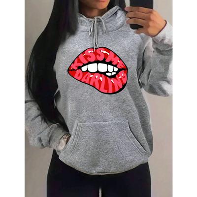Küss mich Liebling Rote Lippen Print Hoodies Frau Herbst Fleece Kapuzenpullover Lässig Hip Hop Streetwear Locker Pullover