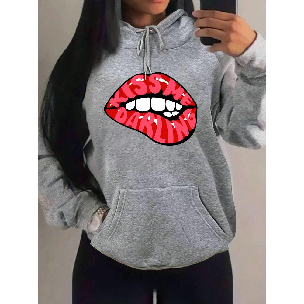 Kiss Me Darling Red Lips Print Hoodies Woman Autumn Fleece Hoody Casual Hip Hop Streetwear Loose Pullovers