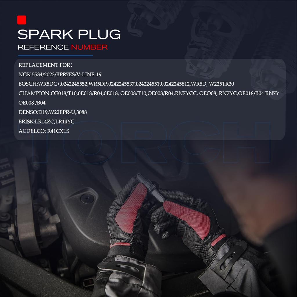Torch F7RTC Spark Plug Replacement NGK [5534] BPR7ES V-LINE-19 Spark Plug, BOSCH 7992/WR5DC 4038/WR5DP,