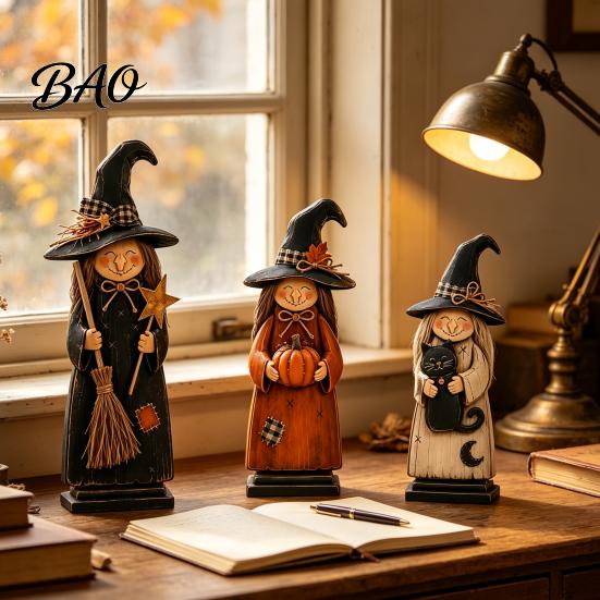 Charming Witch Decor for Autumn Parties Wooden Ornament, Retro Halloween Figurine with Broom/Pumpkin/Black Detailed Carving Cat, Creative Tabletop