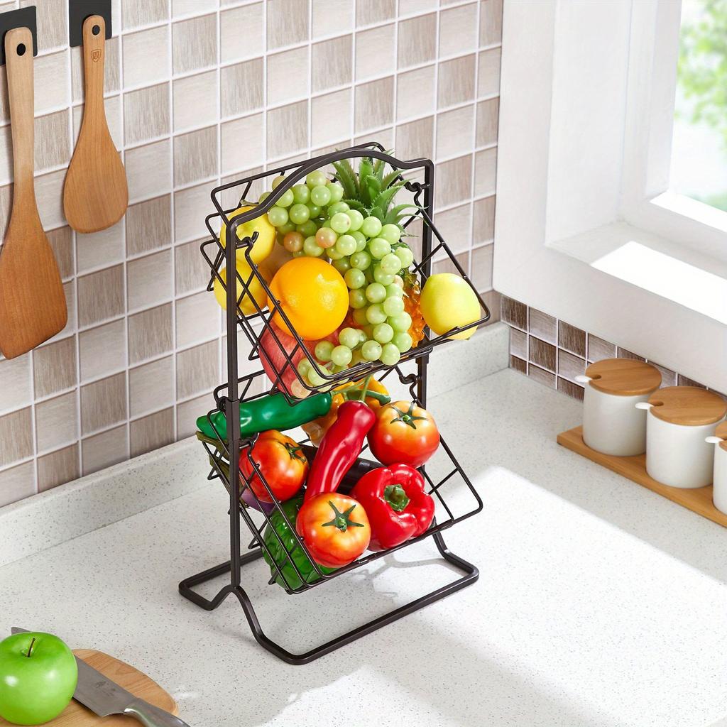 Cesta colgante para frutas y verduras, 1 unidad, 2 niveles, para encimera de cocina, color azul. Ideal para pan, frutas y verduras.