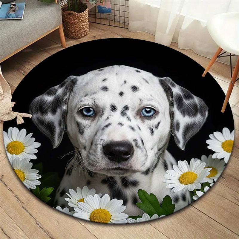 Flowers and dogs Round Area Rug,Carpet Rug for Living Room Bedroom Sofa Playroom Decor,Non-slip Floor Mat
