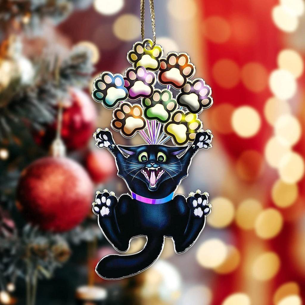 Charming Cartoon Christmas Cat Flat Car Ornament Festive Acrylic Home Decoration