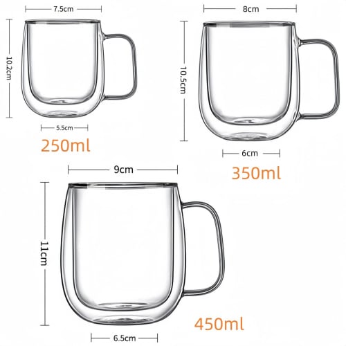 Zomaki Double-Glare, Double-Walled, Heat-Resistant Cups with Handles, Flat Bottom, for Home Use, High Temperature and Heat Resistance, Suitable for Mi