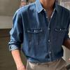 Ανοιξιάτικη Ανδρική Streetwear Τζιν Πουκάμισα Patchwork Τσέπες Μακρυμάνικο Τζιν Πουκάμισο για Άνδρες Vintage Μονόχρωμο Κουμπωτό Τζιν Καρδιγάν
