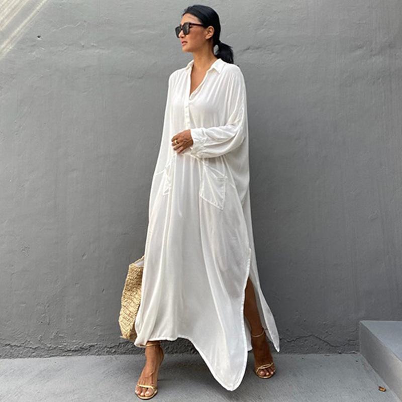 European & American Style Cotton Pocket Long Beach Cover-Up Dress