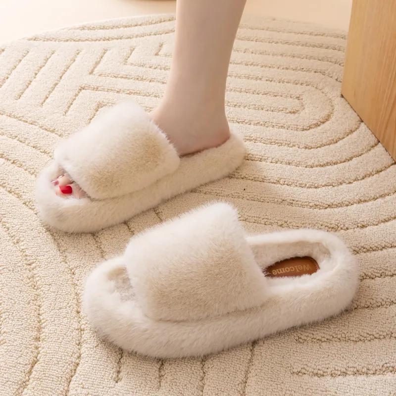 Fur Slippers Women Platform Autumn Winter Cozy Open Toe Breathable Living Room Shoes