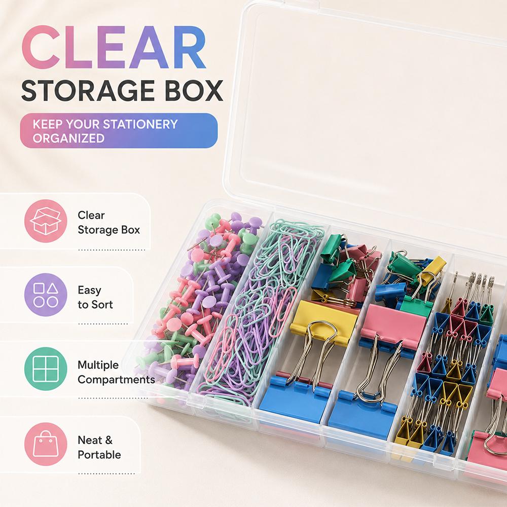 279Pcs Macaron Color Stationery Set Assorted Sizes Binder Clips Paper Clips Push Pins with Organizer Box Office School Student S
