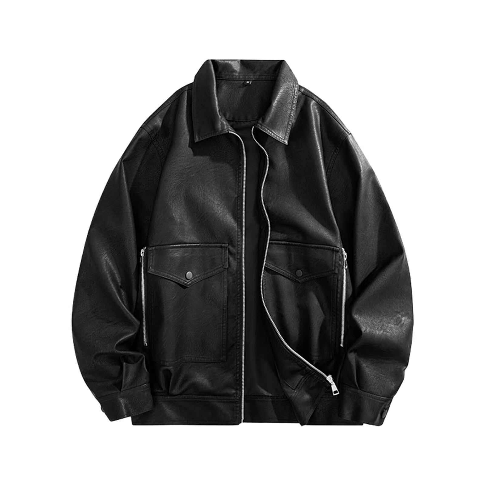 

KULIXI Men s Leather Jacket, Spring/Autumn, Faux Leather, Windproof, Turn-Down Collar, Zipper Pockets, Casual Outerwear, Black, Size M