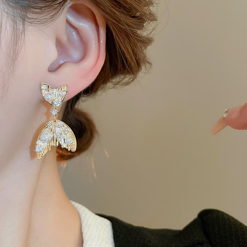 Elegant Zircon Faux Pearl Fishtail Sterling Silver Earrings - French Luxury Design for Women