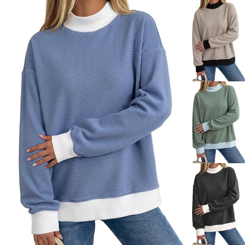 Women S Round Neck Fleece Striped Long Sleeve Loose Top