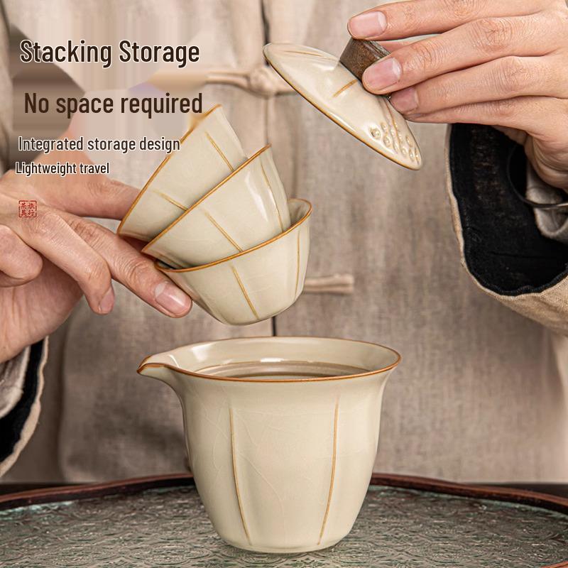 Ru Kiln Portable Tea Set with Three Cups - Ideal for Travel, Home, or Corporate Gifts