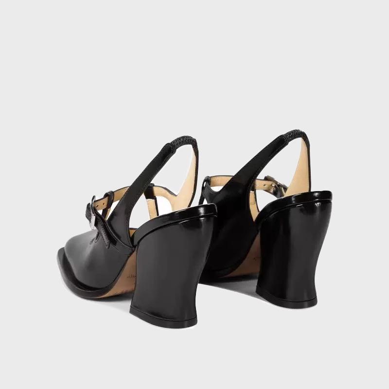 Fashion Fashion Black Patent Leather Mary Janes Slingbacks Women Pumps Spring Summer Wave Toe Chunky High heels Office Lady Daily Shoes