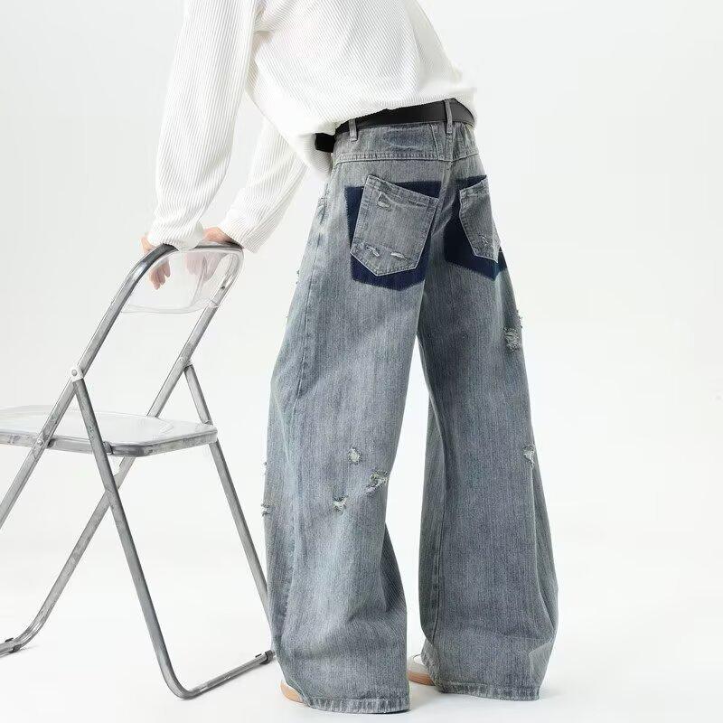 American niche design vibe retro pants men loose straight trend ink splashing wide leg jeans men