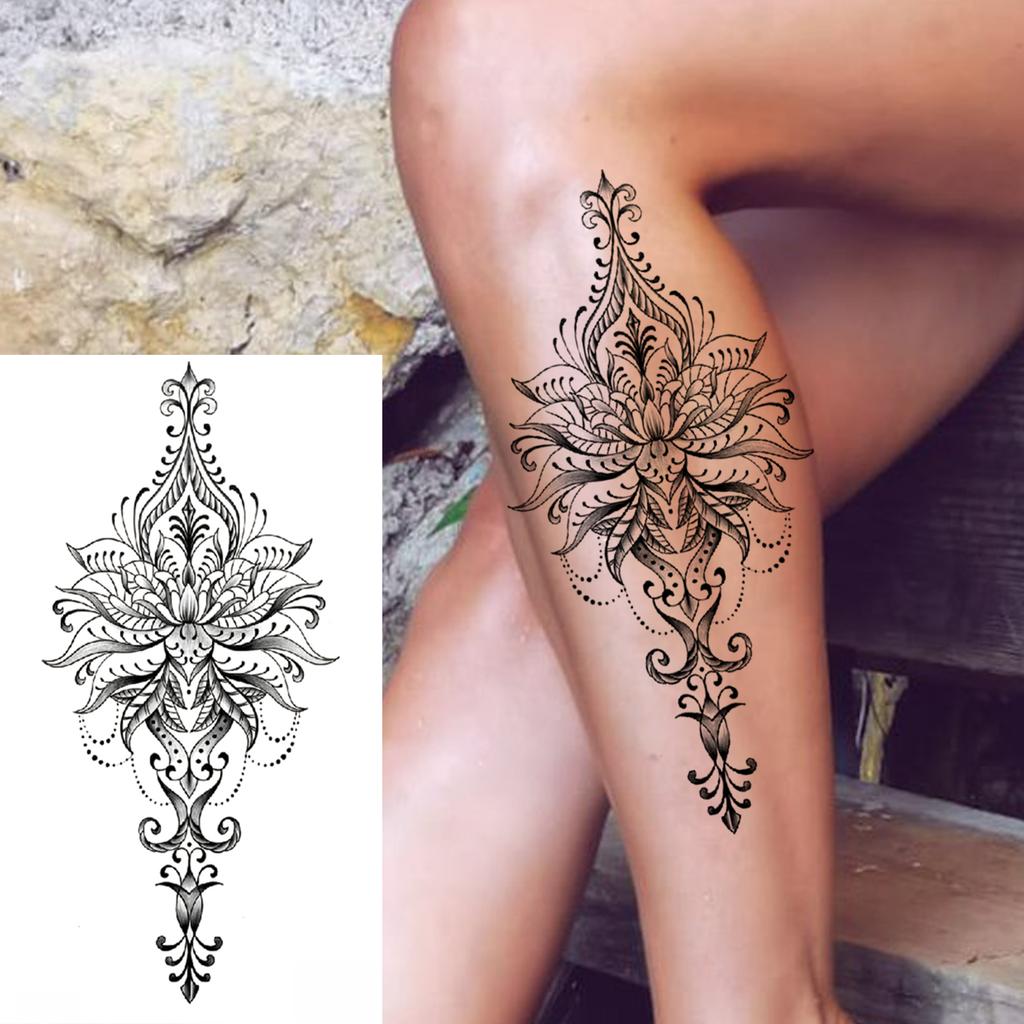 1 Sheet Black Henna Mandala Fake Jewels Temporary Sleeve Tattoos For Women Girls Forearm Waist Chest Back Tattoo Sticker Decal
