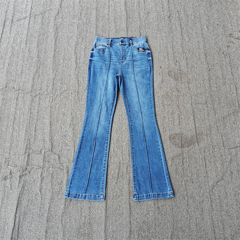 

Export Fashion Spring and Autumn Blue Washed Wear-White High Waist Stretch Bootcut Trousers Pants Middle Stitching Plus Size Chubby Girl Denim Blue M