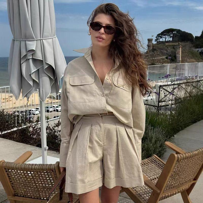 

Fashion Style New Arrival Loose Fashion Casual Long Sleeve Shirt Shorts Two-Piece Suit Shirt and Shorts Set Khaki L