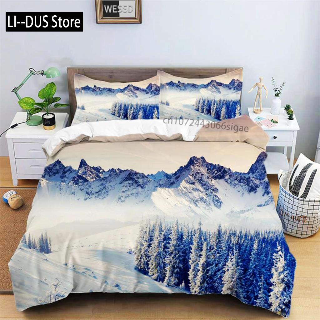 Snow Mountain Duvet Cover Set Polyester 3D Landscape Bedding Set For Teens Adults Ski Slope Winter Theme Queen Comforter Cover