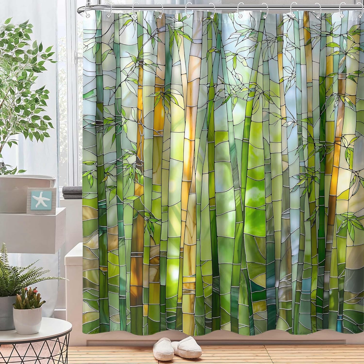

Stained Glass Bamboo Shower Curtain – Green Nature Scene, Modern Garden-Inspired Bathroom Decor W60H190(CM)-1 Pcs