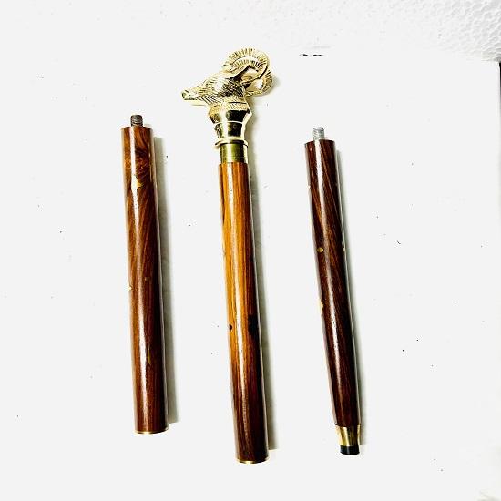 Handmade Wooden Walking Stick Brass Mountain Goat Head  Style