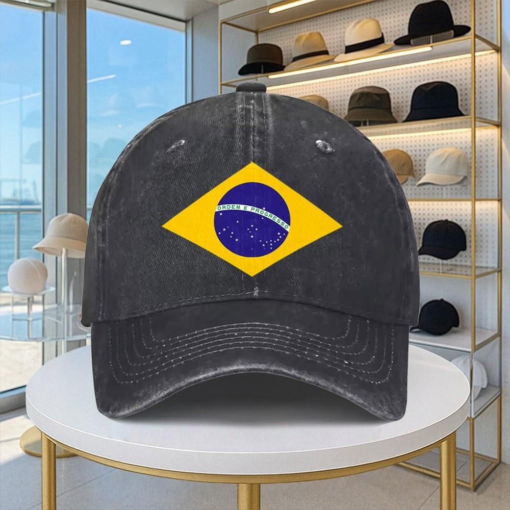 Brazil Flag Washed Baseball Cap Adjustable Denim Sun Hat Unisex Casual Sports Headwear
