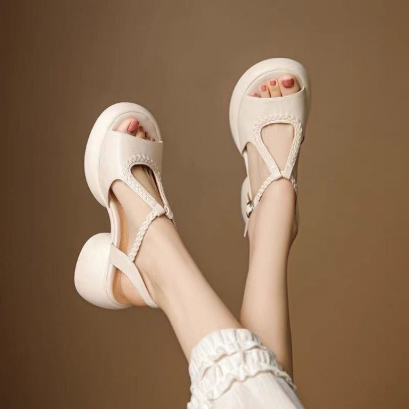 Soft leather platform open-toed sandals women's new summer one-word strap with skirt commuter thick heel high heels