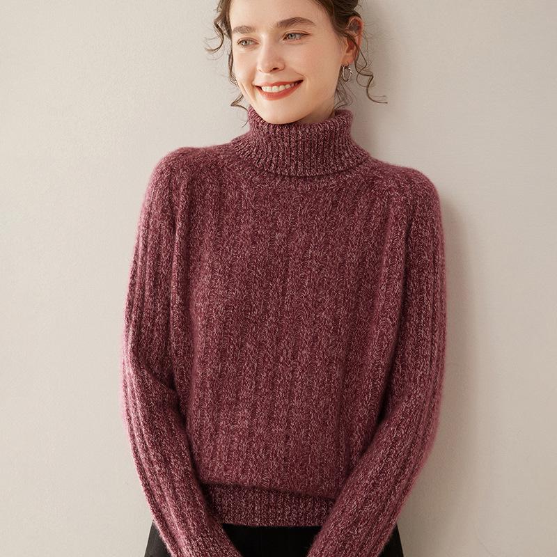Women's Cashmere Knit Base Layer Top: Three-Strand, Long Sleeve, Loose Fit, Warm, High Neck, Soft, Versatile, Skin-Friendly Sweater