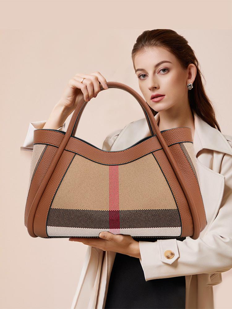 Aidrani  New Retro Checkered Women's Handbag, Large Capacity Luxury Bag, Canvas Genuine Leather Bag